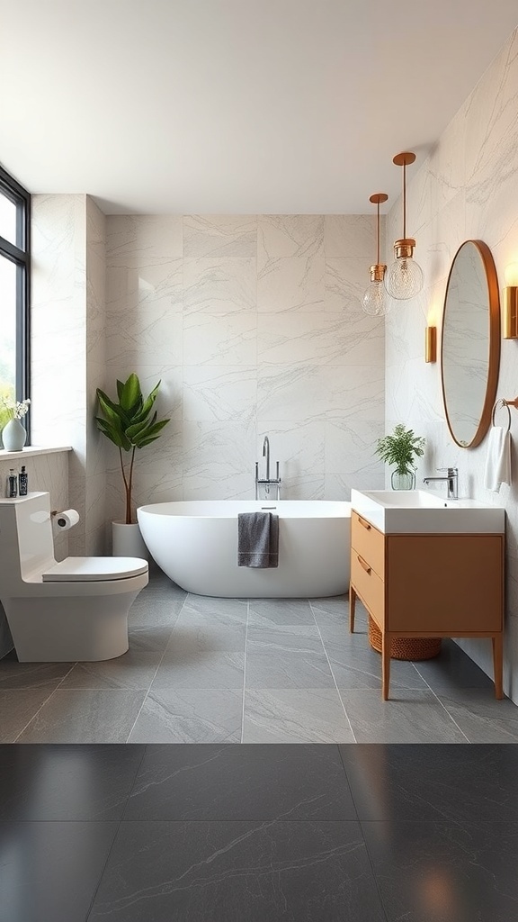 Modern bathroom with rubber flooring, featuring a bathtub, sink, and stylish decor.