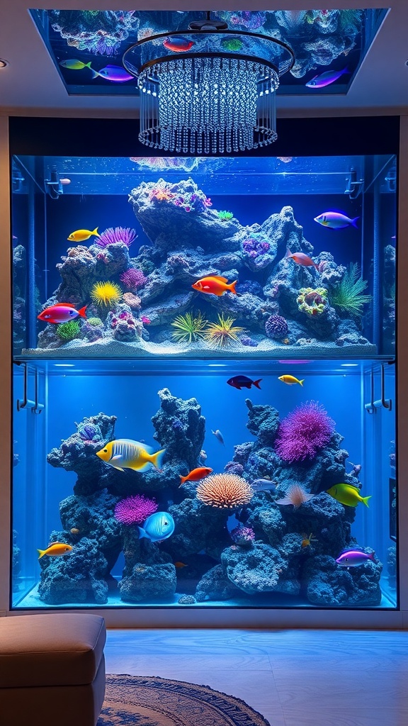 A luxury saltwater reef aquarium featuring colorful fish and vibrant coral, illuminated with blue lighting.