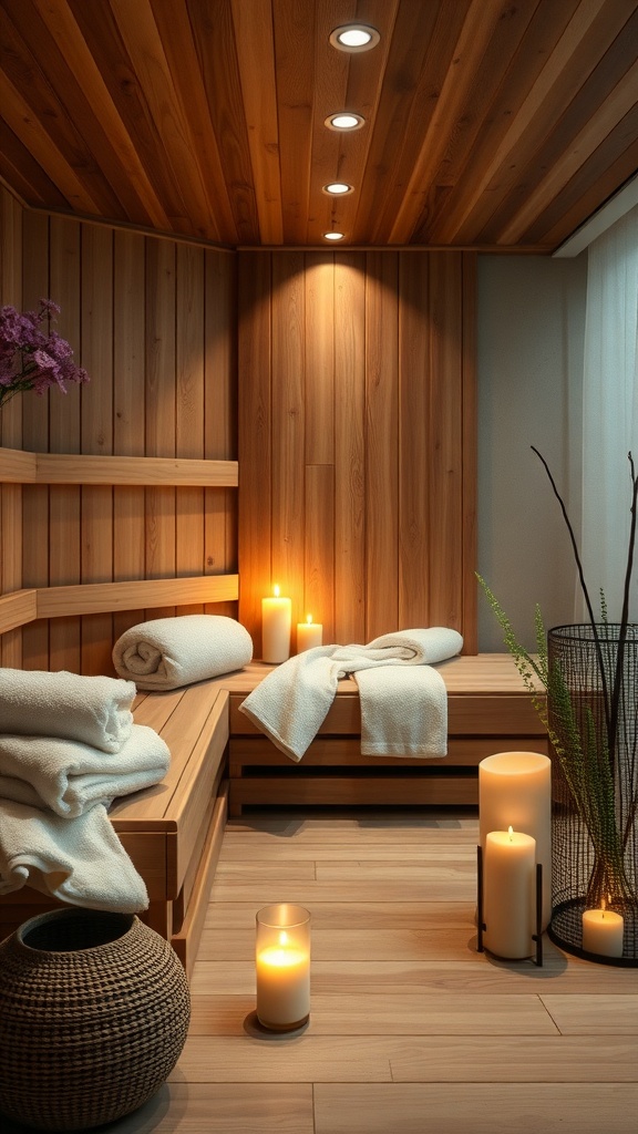 A cozy sauna with wooden walls, candles, and rolled towels, creating a relaxing atmosphere.