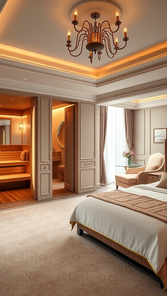 A luxury bedroom suite featuring a private sauna, elegant decor, and natural light.