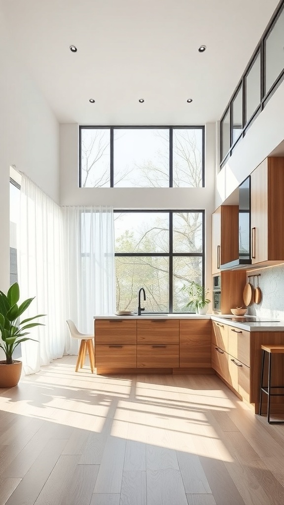 Bright modern kitchen with luxury vinyl flooring, large windows, and wooden cabinets.