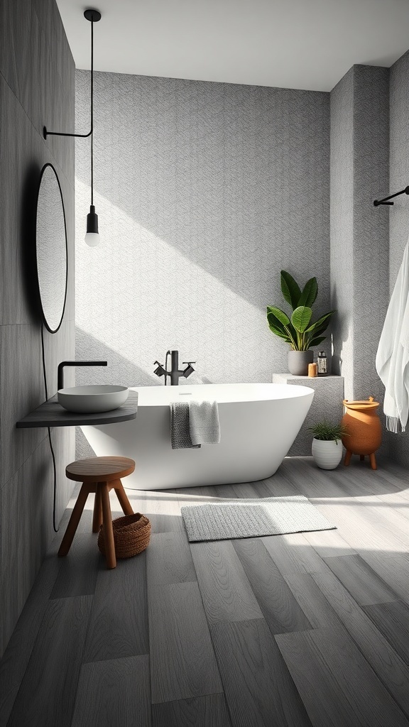 Modern bathroom with luxury vinyl plank flooring, freestanding tub, and minimalist decor.