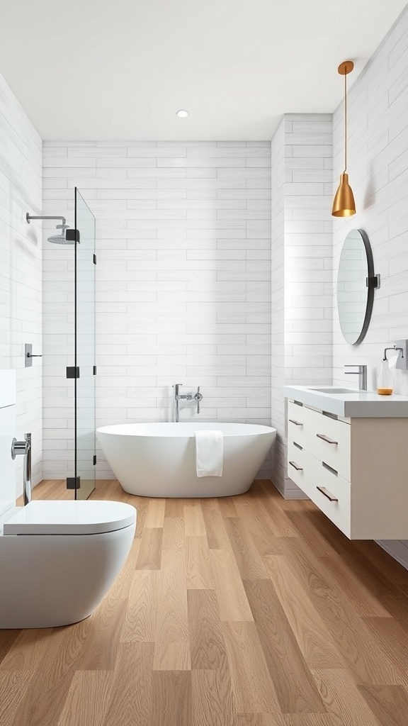 Modern bathroom featuring luxury vinyl plank flooring, white walls, and sleek fixtures.