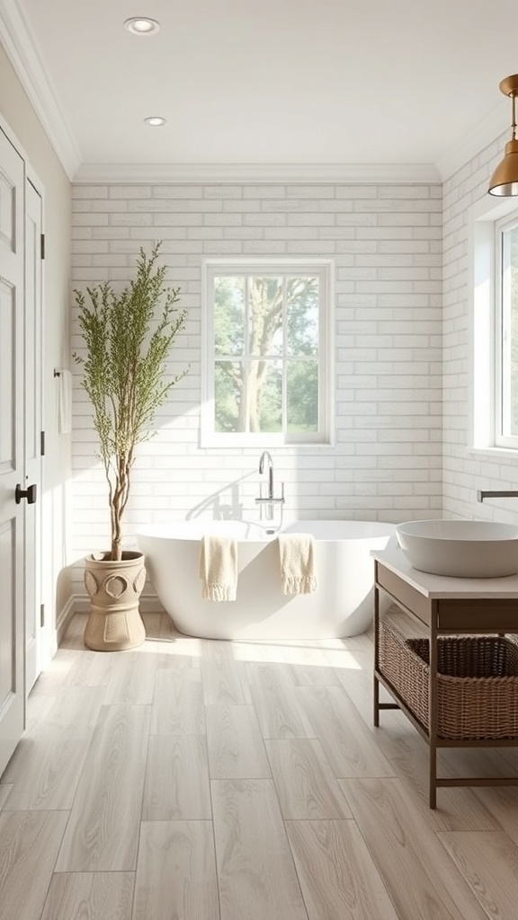 A modern bathroom featuring luxury vinyl plank flooring, a soaking tub, and natural light.