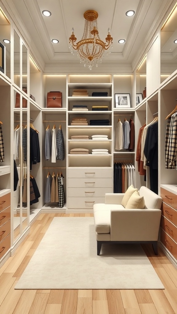 Luxurious walk-in closet featuring elegant storage solutions and a cozy seating area.