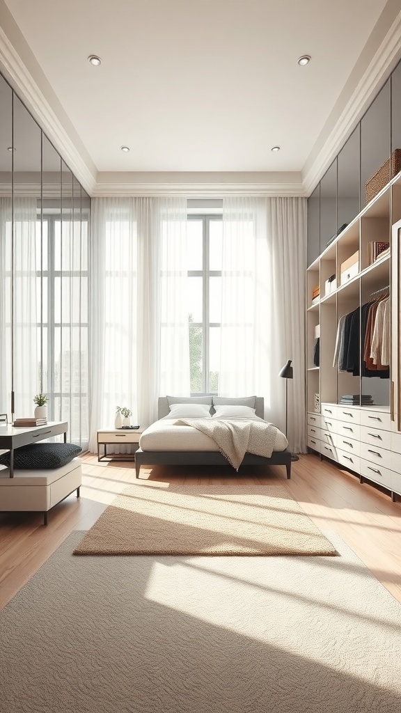 A bright and stylish walk-in closet with large windows, organized shelves, and a cozy rug.