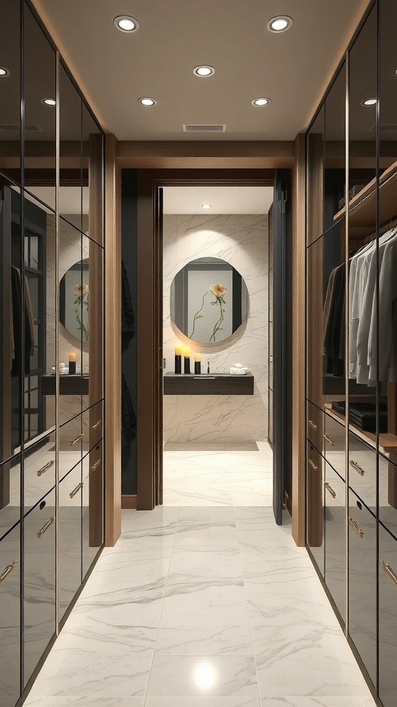 A luxurious walk-through closet leading to a spa-like bathroom with mirrored cabinets and marble flooring.