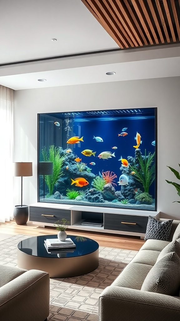 A luxurious wall-mounted aquarium filled with colorful fish and aquatic plants in a modern living room.