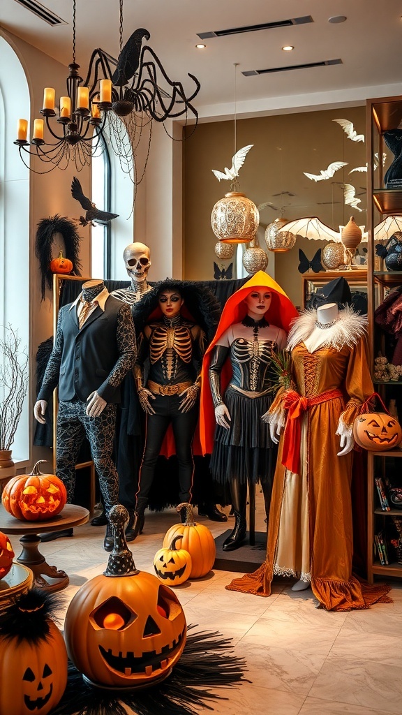 Luxus Halloween Kostüme in einem stilvollen Raum mit Kürbissen und Dekoration