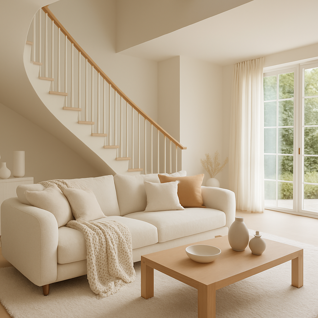 Ein modernes Wohnzimmer mit einem beigen Sofa, einem Couchtisch und großen Fenstern