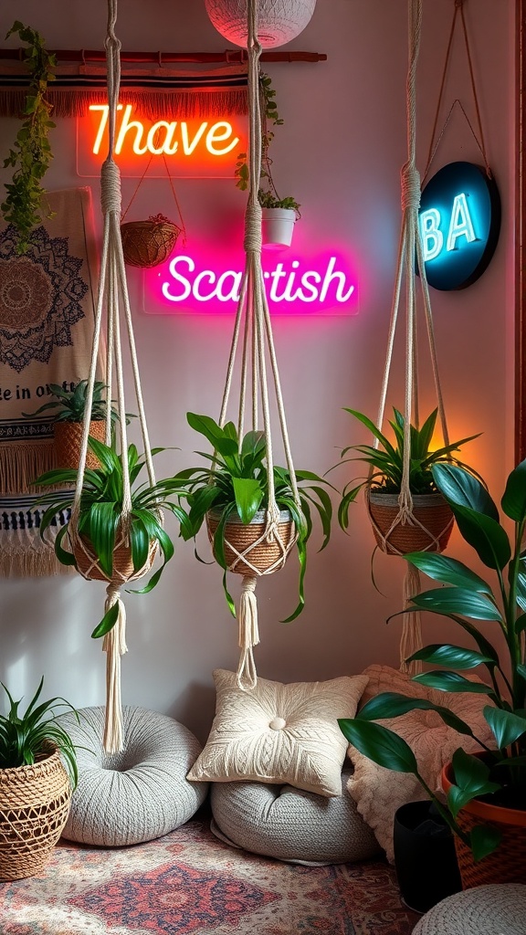 A cozy room featuring macramé plant hangers with green plants, colorful neon signs, and soft cushions.
