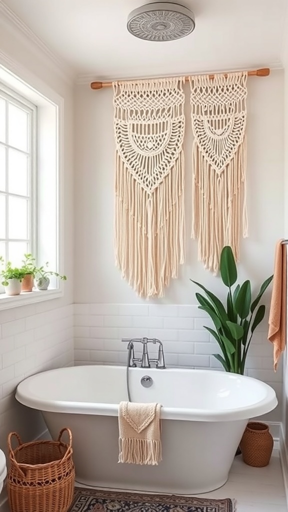 A bathroom featuring macramé wall hangings above a freestanding bathtub, with plants and a cozy atmosphere.