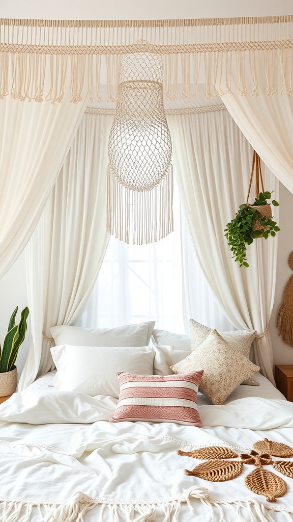 A cozy bedroom featuring a macrame canopy with soft curtains, decorative pillows, and a touch of greenery.