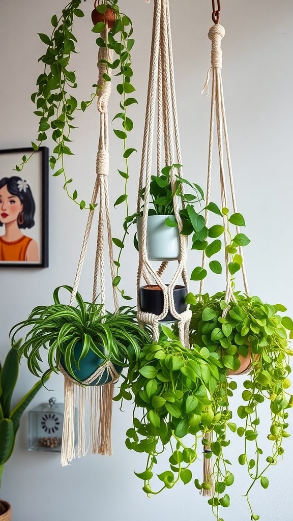 Three macrame plant hangers with green plants in a stylish interior.