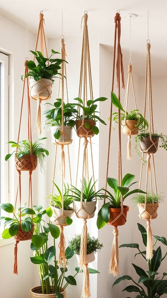A collection of macrame plant hangers displaying various plants in a bright room.