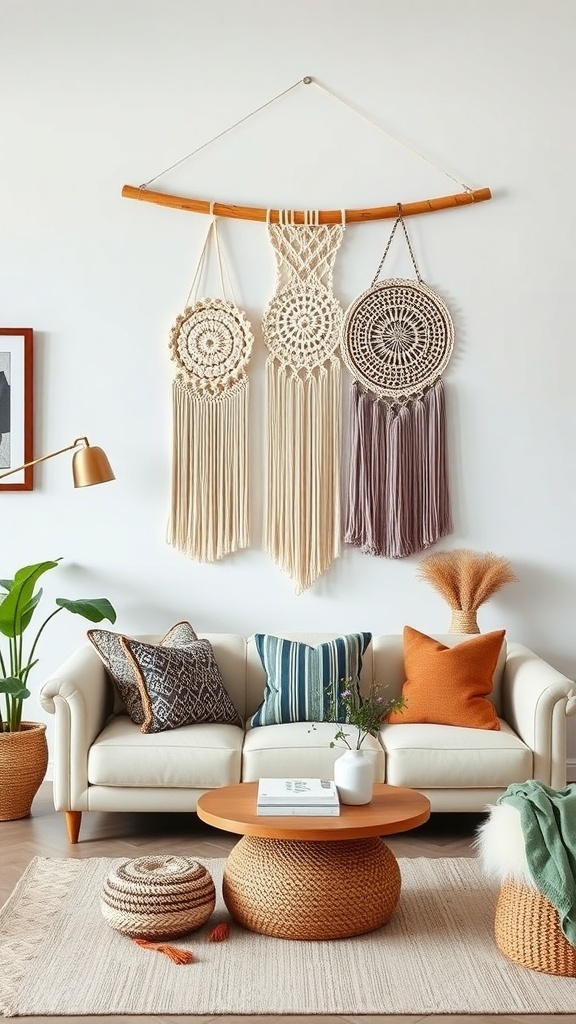 A cozy living room featuring macrame wall hangings above a sofa with colorful cushions and a round coffee table.
