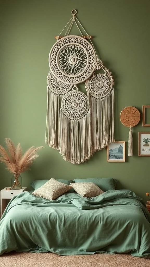 A cozy boho-style bedroom featuring a large macrame wall hanging on a sage green wall, with a bed dressed in matching green bedding and decorative pillows.