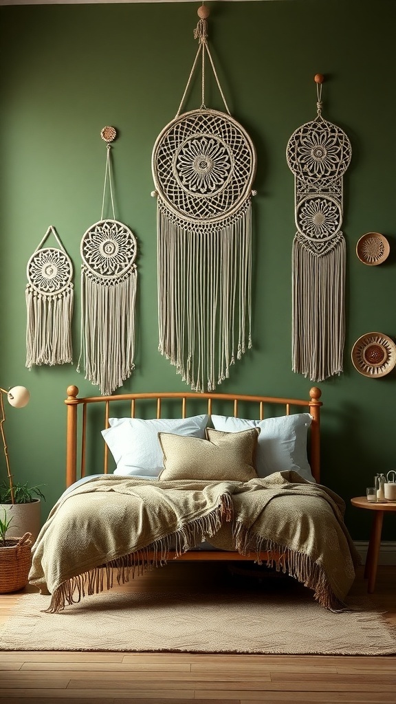 A Boho style bedroom featuring sage green walls and macrame wall hangings above a wooden bed.