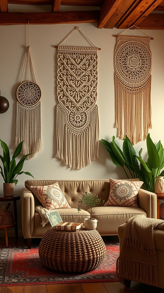 A cozy living room featuring macrame wall hangings, a beige sofa with patterned cushions, and a woven coffee table.