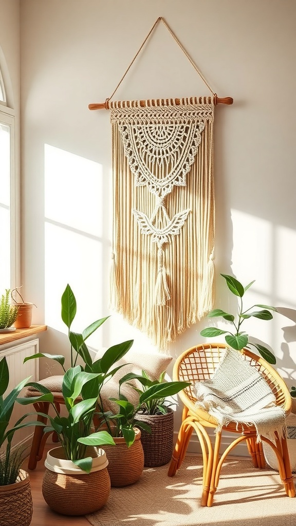A beautiful macrame wall hanging in a cozy room with plants and rattan furniture.