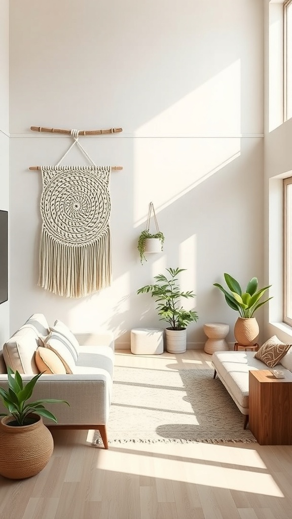 A cozy living room featuring a large macrame wall hanging, plants, and comfortable seating.
