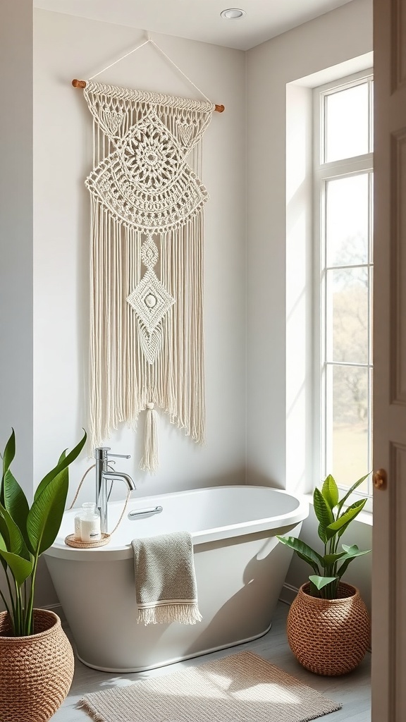 A macrame wall hanging in a modern bathroom with a freestanding tub and potted plants.