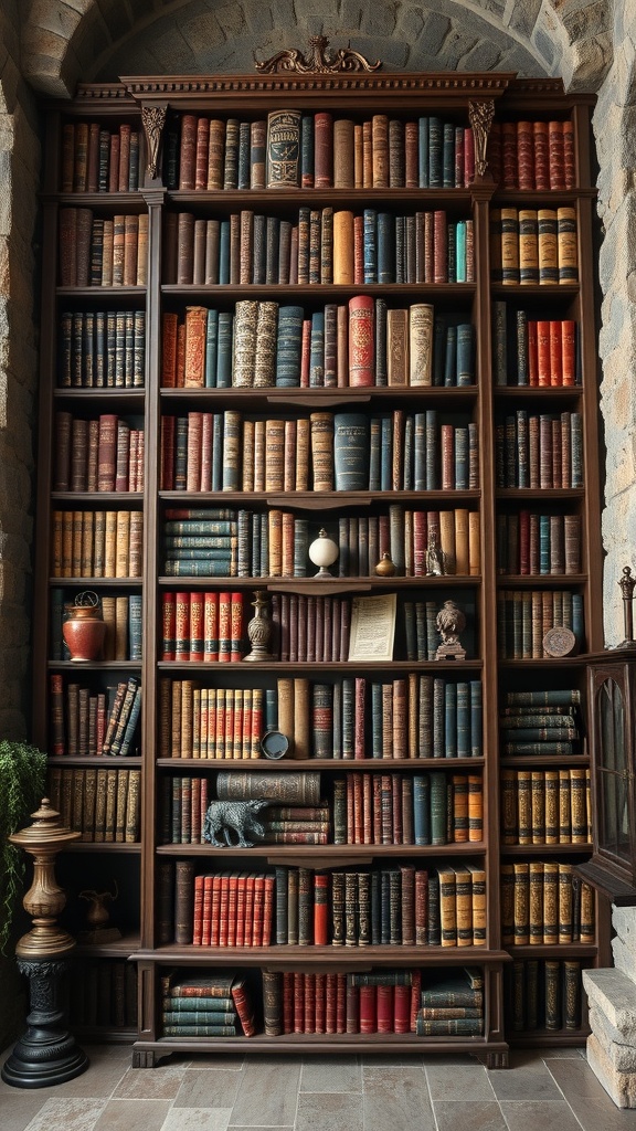 A beautifully arranged bookshelf filled with vintage books and decorative items.