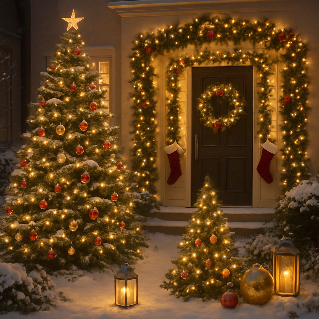 A beautifully decorated outdoor Christmas scene featuring glowing trees, garlands, and lanterns in the snow.