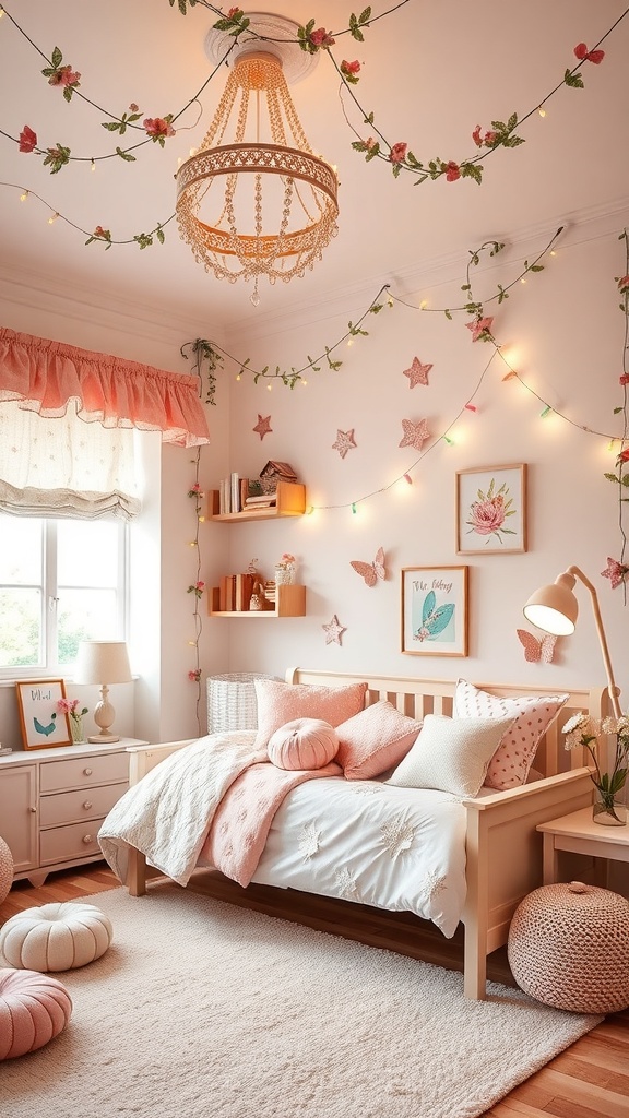 A cozy kids bedroom with pink walls, fairy lights, a floral chandelier, and a bed with plush pillows.