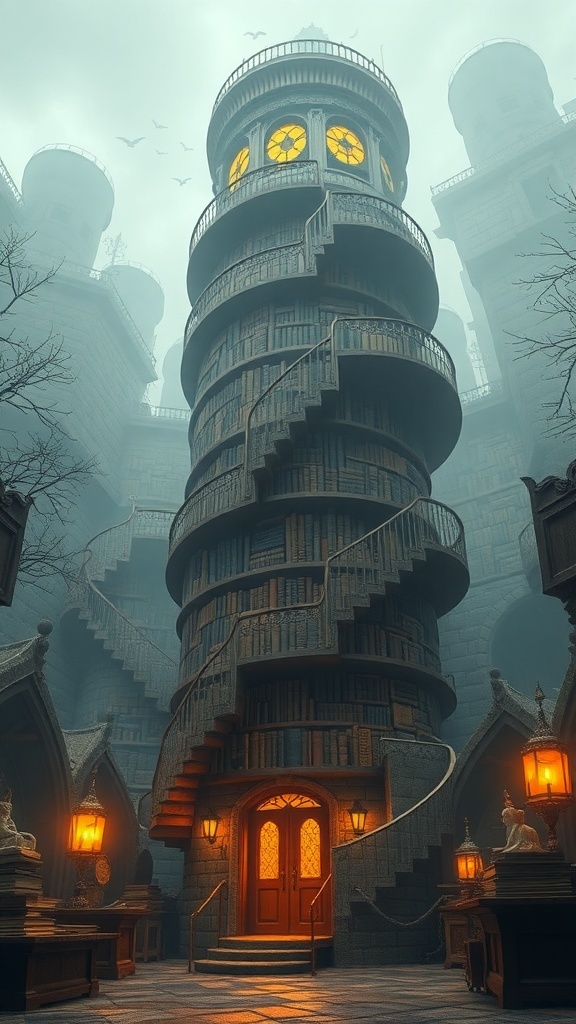 A tall, spiraling library tower surrounded by mist, featuring glowing windows and a winding staircase.