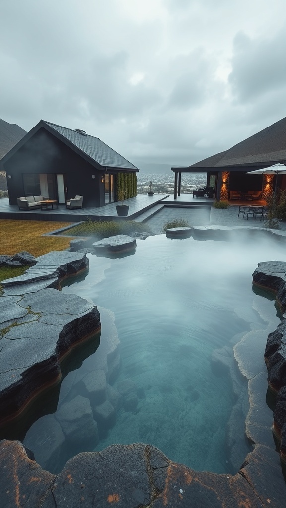 Ein magischer Naturpool in Island, umgeben von Felsen und modernen Häusern.