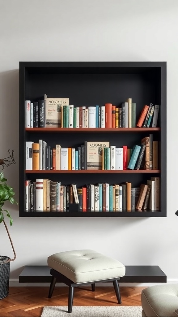 A modern magnetic bookshelf with colorful books creating a floating effect.