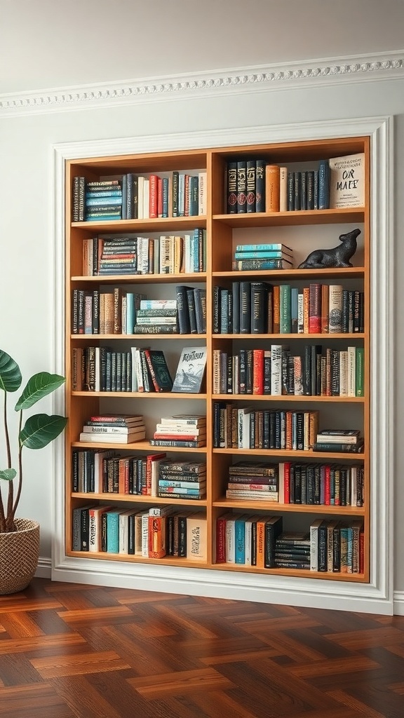 A wooden bookshelf filled with colorful books and decorative items, showcasing a modern and inviting design.