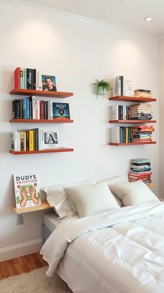 A cozy bedroom with floating magnetic bookshelves displaying various books and a small plant.