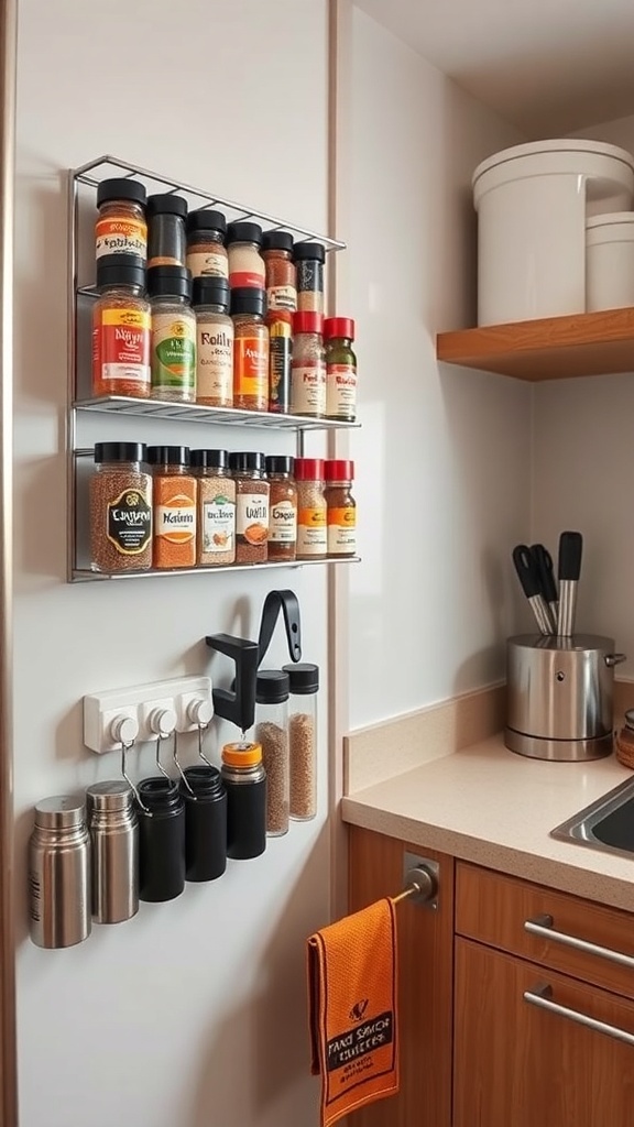Magnetic spice rack mounted on a wall with various spice jars