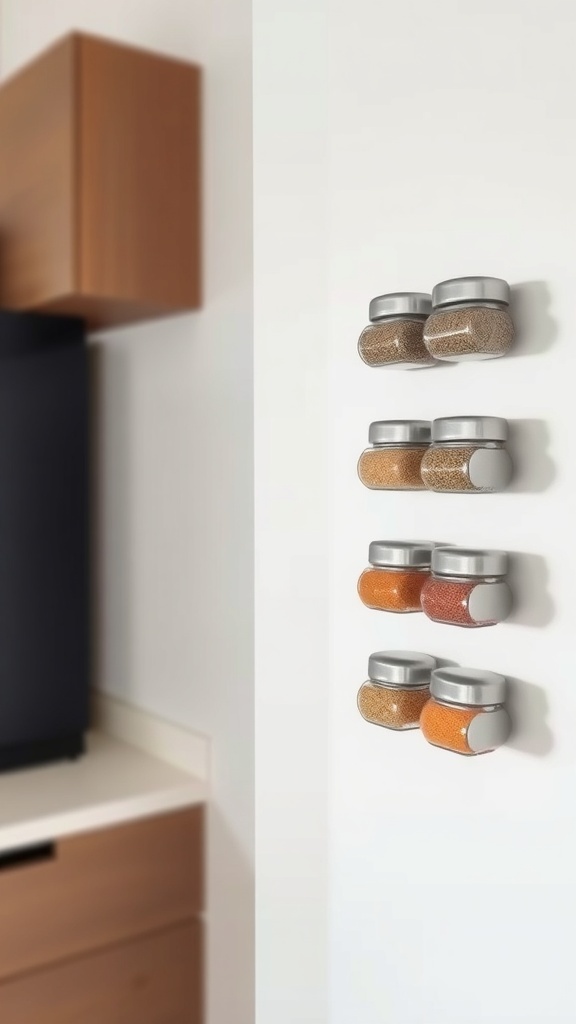 Magnetic spice jars mounted on a wall