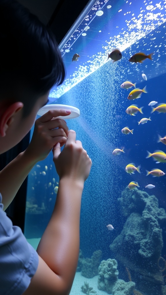 A person cleaning a modern aquarium with a view of the ocean in the background.