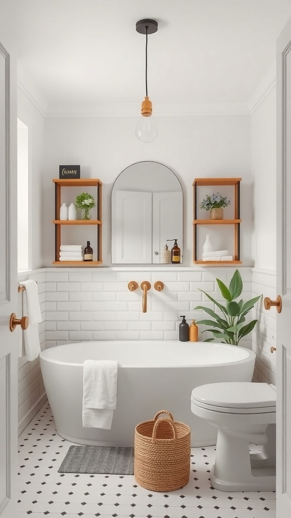 A clean and organized minimalist cottage bathroom with a bathtub, shelves, and plants.