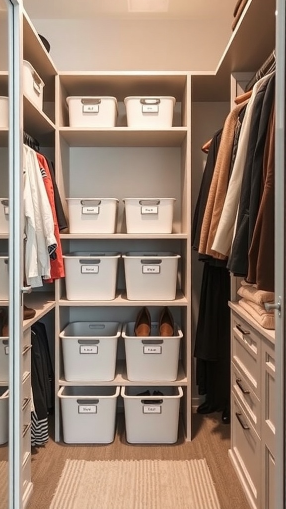 Organized walk-in closet with labeled storage bins on shelves.