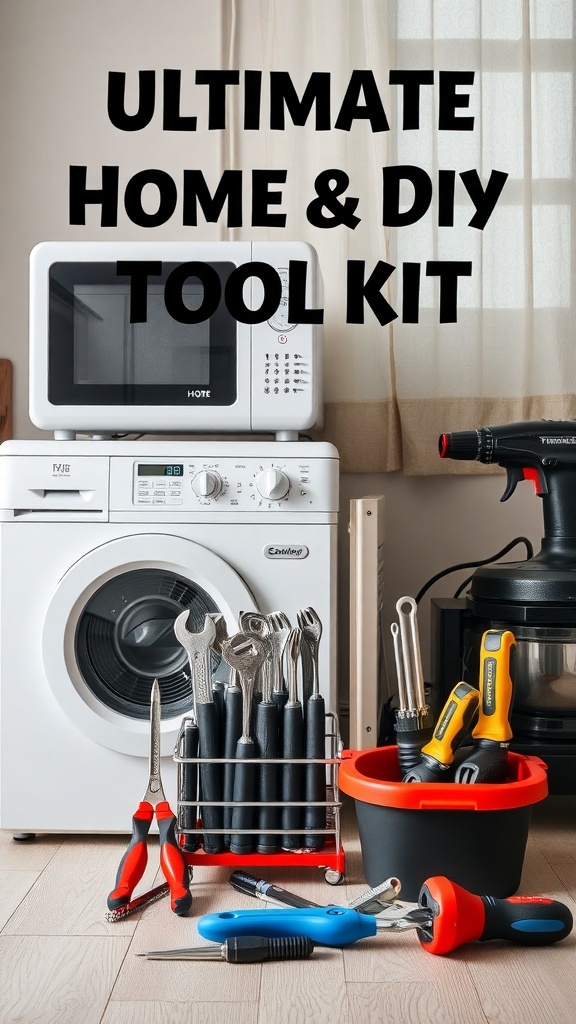 A well-organized home and DIY toolkit with various tools in front of a washing machine and microwave.