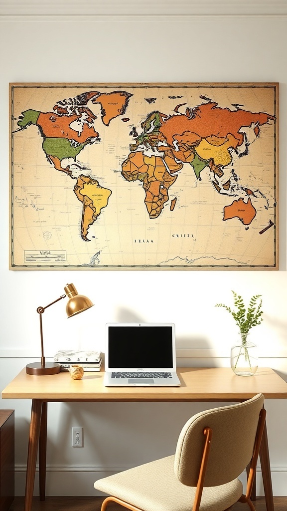 A vintage world map hanging above a wooden desk with a laptop and a lamp.
