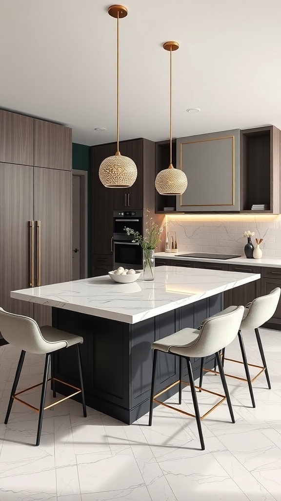 A modern kitchen featuring a marble-topped island with elegant bar stools and stylish pendant lighting.