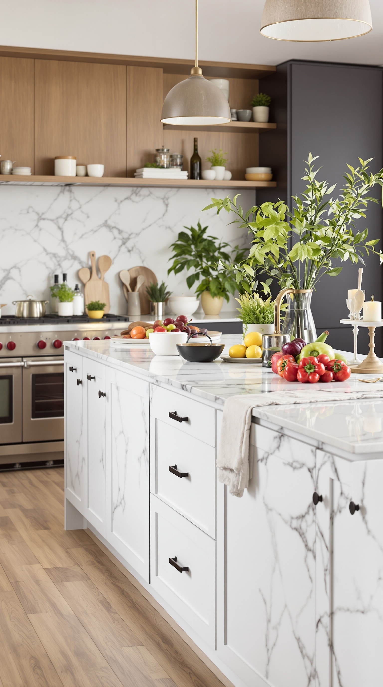 A modern kitchen featuring a marble countertop island, warm wood accents, and natural light.