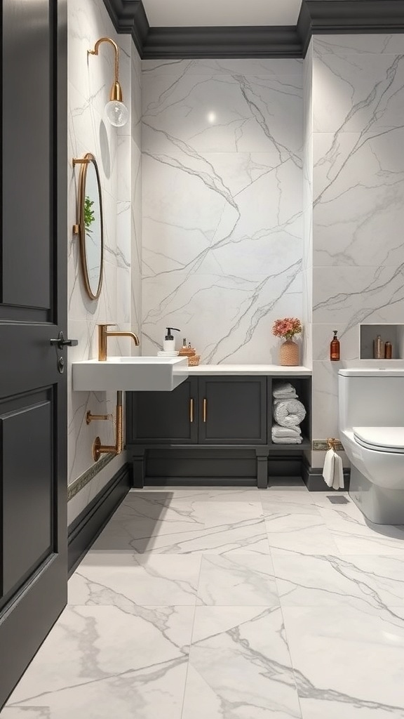 A modern bathroom featuring marble effect tiles on the floor and walls, with dark cabinetry and gold fixtures.