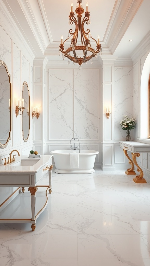 Luxurious bathroom featuring marble flooring, elegant fixtures, and soft lighting.