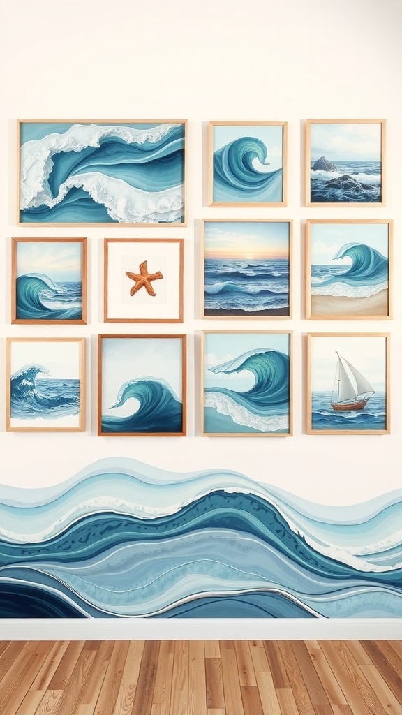 A collection of marine-inspired artworks featuring waves, ocean scenes, and a starfish.