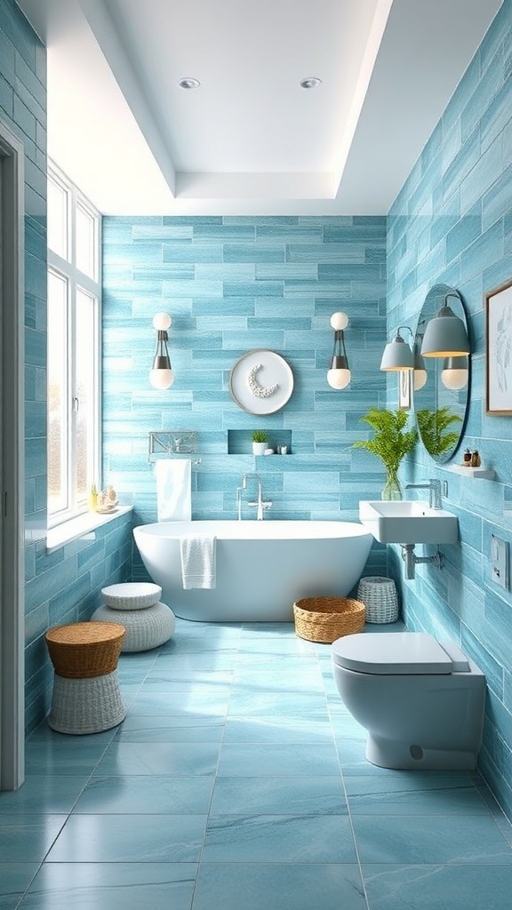 A bright bathroom featuring blue tiles, a freestanding bathtub, and natural decor elements.