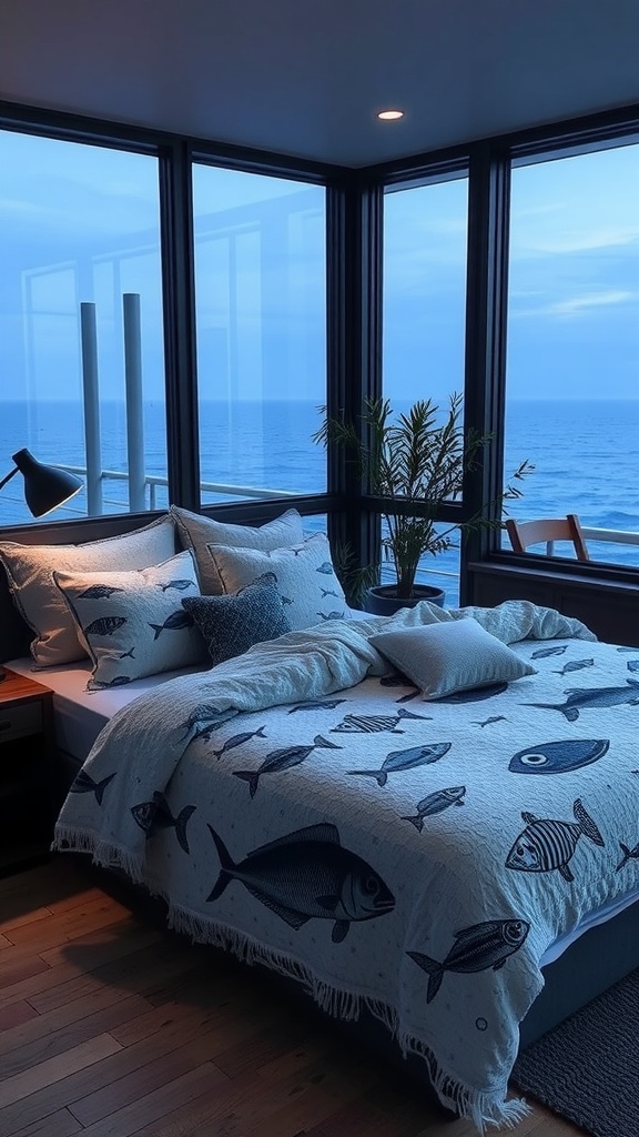 A cozy bedroom featuring marine-inspired textiles with a fish-patterned blanket and large windows overlooking the ocean.