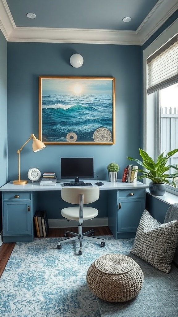 A marine-themed home office with blue walls, ocean artwork, and a stylish desk setup.