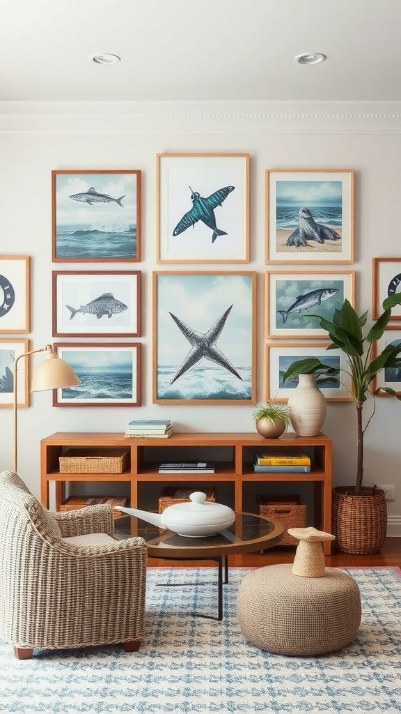 A cozy living space featuring marine life artwork on the wall, a woven chair, and a modern coffee table.